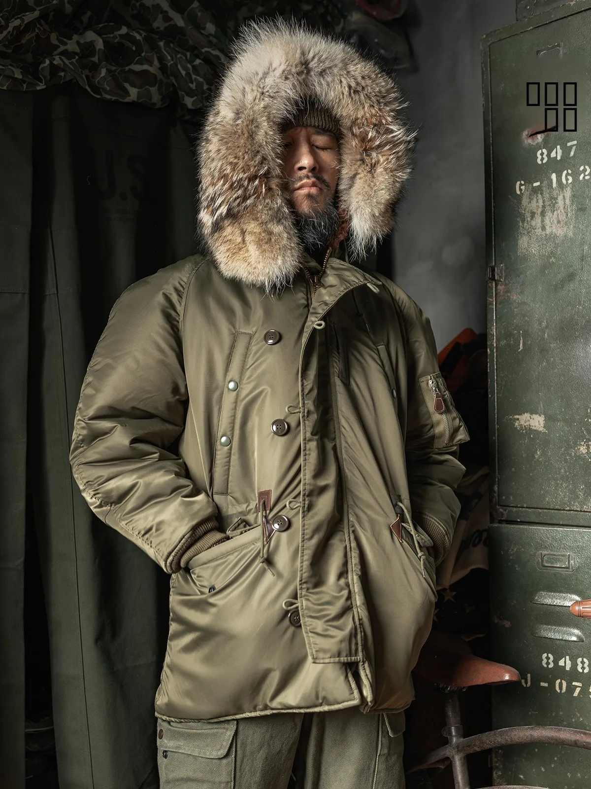

Red Bronson N3B Parka Heavy Wool Inner Cold Climate Flight Jaet Thi Warm Hooded Workwear Sle Mid-Length Coat