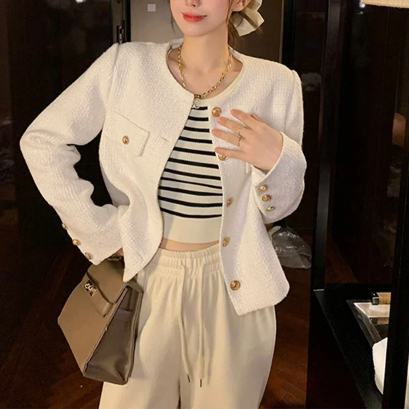 

Укороченная твидовая куртка женская винтажная эстетичная корейская мода Harajuku шикарные элегантные куртки осенне-зимний кардиган пальто