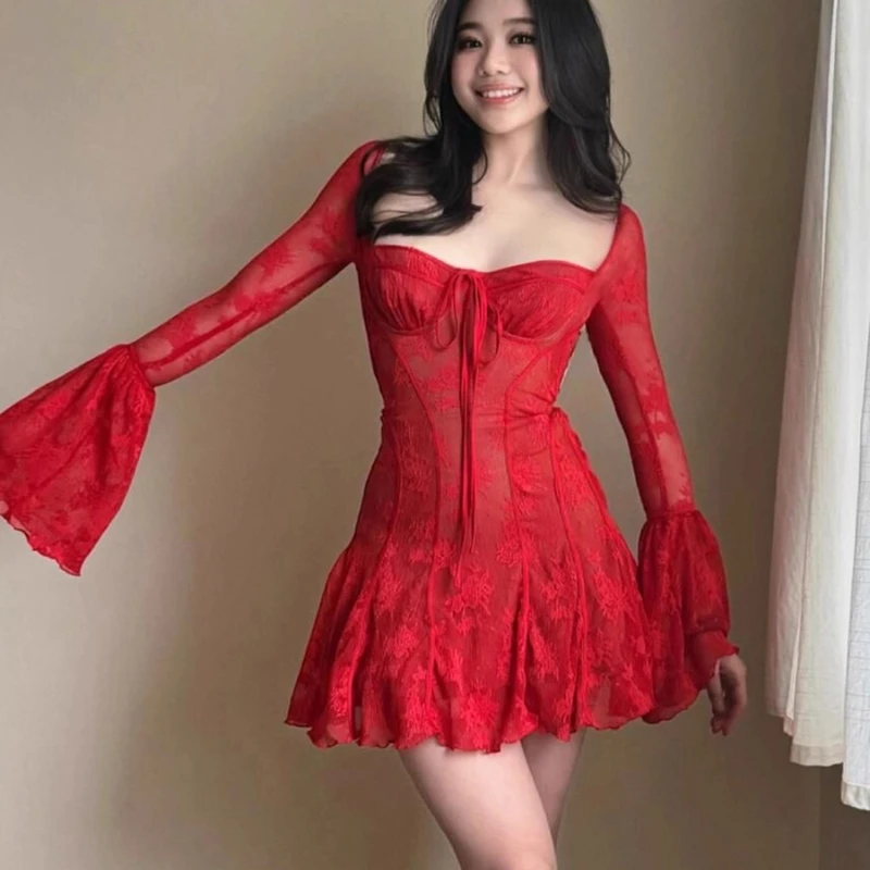 Design vintage roupas femininas 2025 outono novo vermelho doce legal sexy renda pura pescoço quadrado plissado gravata vestidos de manga longa senhoras