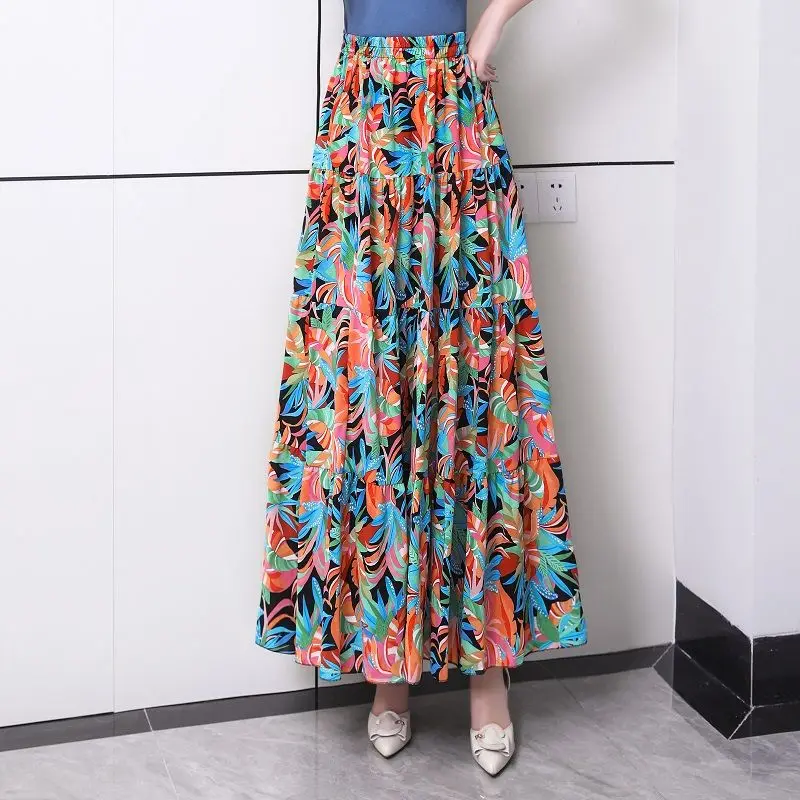 Spring Summer Sweet Floral Printed Maxi Long Chiffon Skirts Elastic Waist Flowers A-line Cakee Pleated Ankle Long Boho Skirts