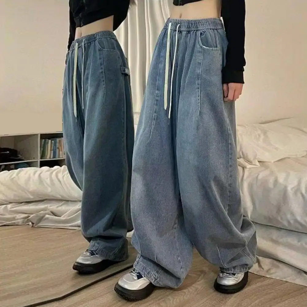 Baggy Wide Leg Jeans Women Vintage Washed Denim Pants Deep Crotch Pockets Straight Long Pants Casual Straight Denim Trousers