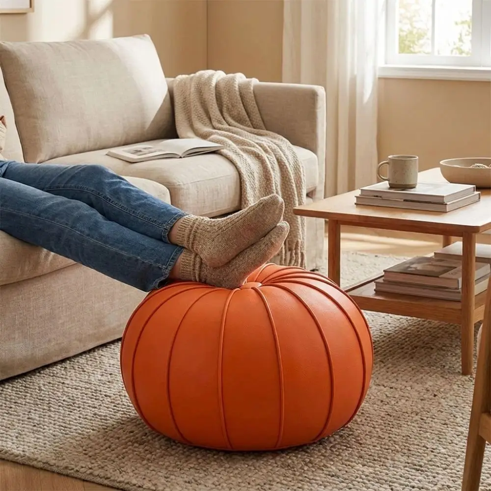 Modern PU Leather Pouf Ottoman Cover Unstuffed Minimalist Pumpkin Pouf Cover Large Capacity Round Storage Bag Living Room