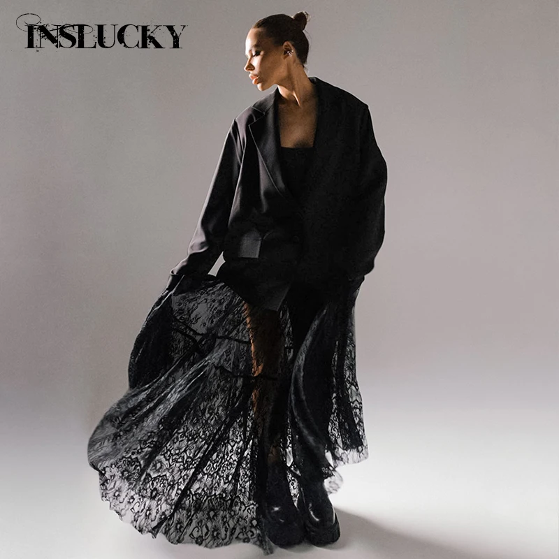 

InsLucky Sexy Black Lace See Through High Waist Office Lady Skirts Mesh Elastic Waist Floor-Length Skirt Y2K Fashion Streetwear