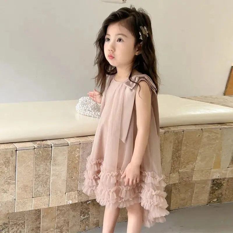 

Girls Bow Dress 2025 Summer Outfit New Children's Tutu Mesh Skirt Princess Dress Girls Vest Dress