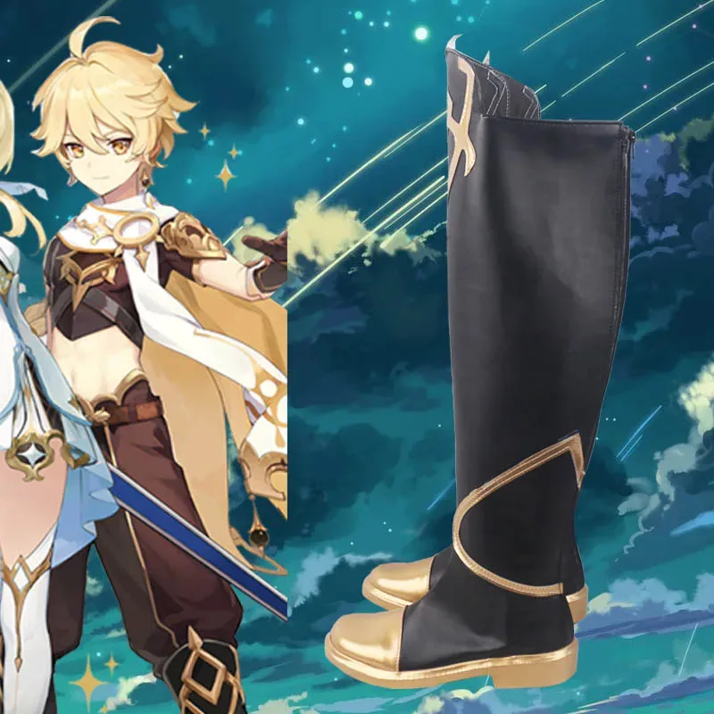 أحذية COS Aether Genshin Impact Anime Traveler الرائدة من الجلد الصناعي لعبة الأثير للذكور أحذية لعب الأدوار في الهالوين