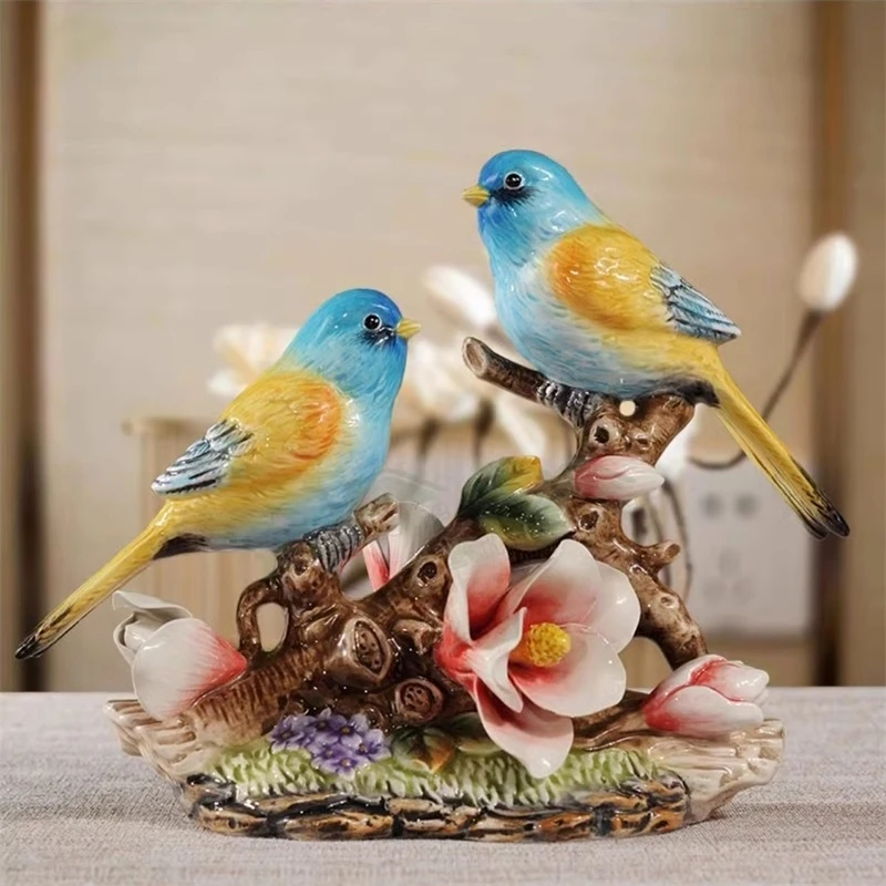 

Hand Painted Porcelain Couple Bird Figurine Ceramic Birdie Lovers Miniature Home Landscape Ornament Craft Decor Art Present