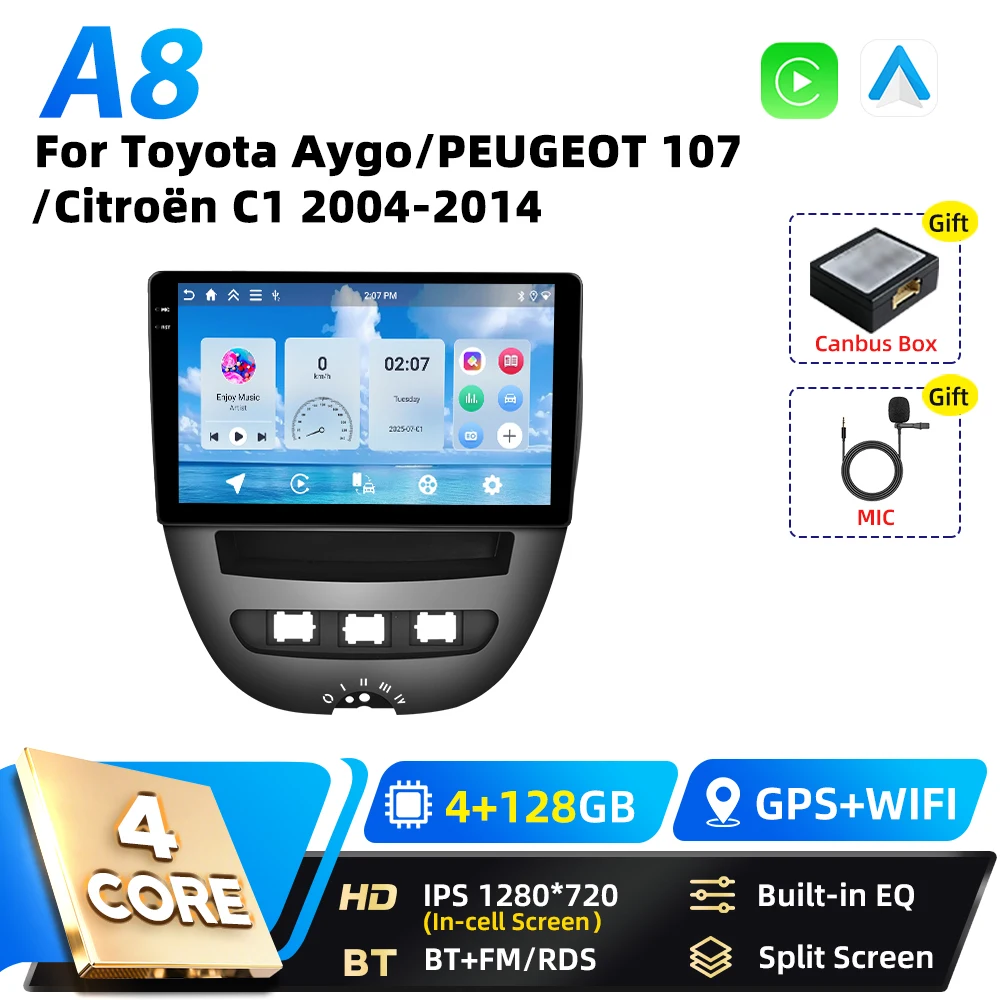 Podofo 8-Core Carplay 2DIN Android autoradio voor Toyota Aygo 2004-2014, Peugeot 107, Citroën C1, Snapdragon GPS FM RDS