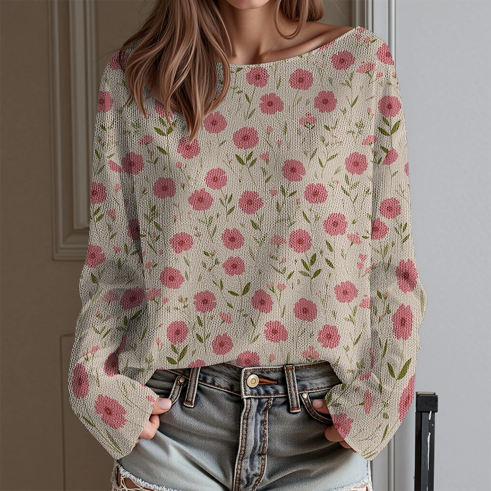 Vintage bloemen T-shirt damesblouse met lange mouwen en kleurrijk bloeipatroon Dagelijkse mode-tops voor herfst-winterlaag