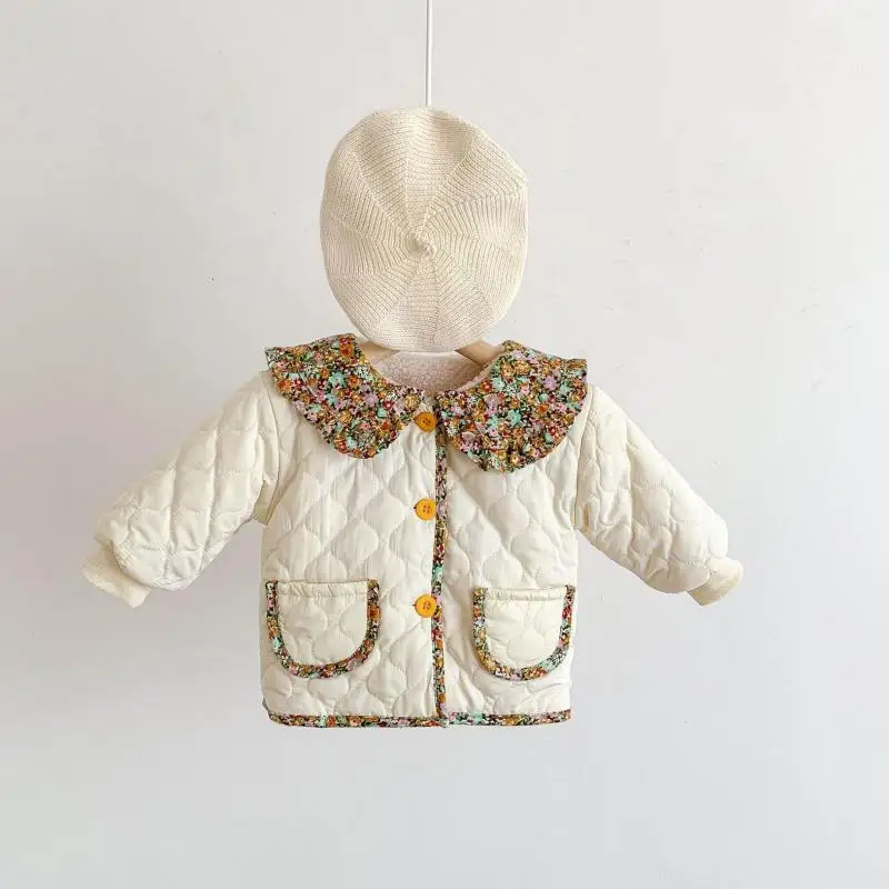 

Baby Girl Retro Floral Turn-down Collar Cotton Coat Kids Double Pockets Cardigan Toddler Girls Fashion Thickened Plush Outwear