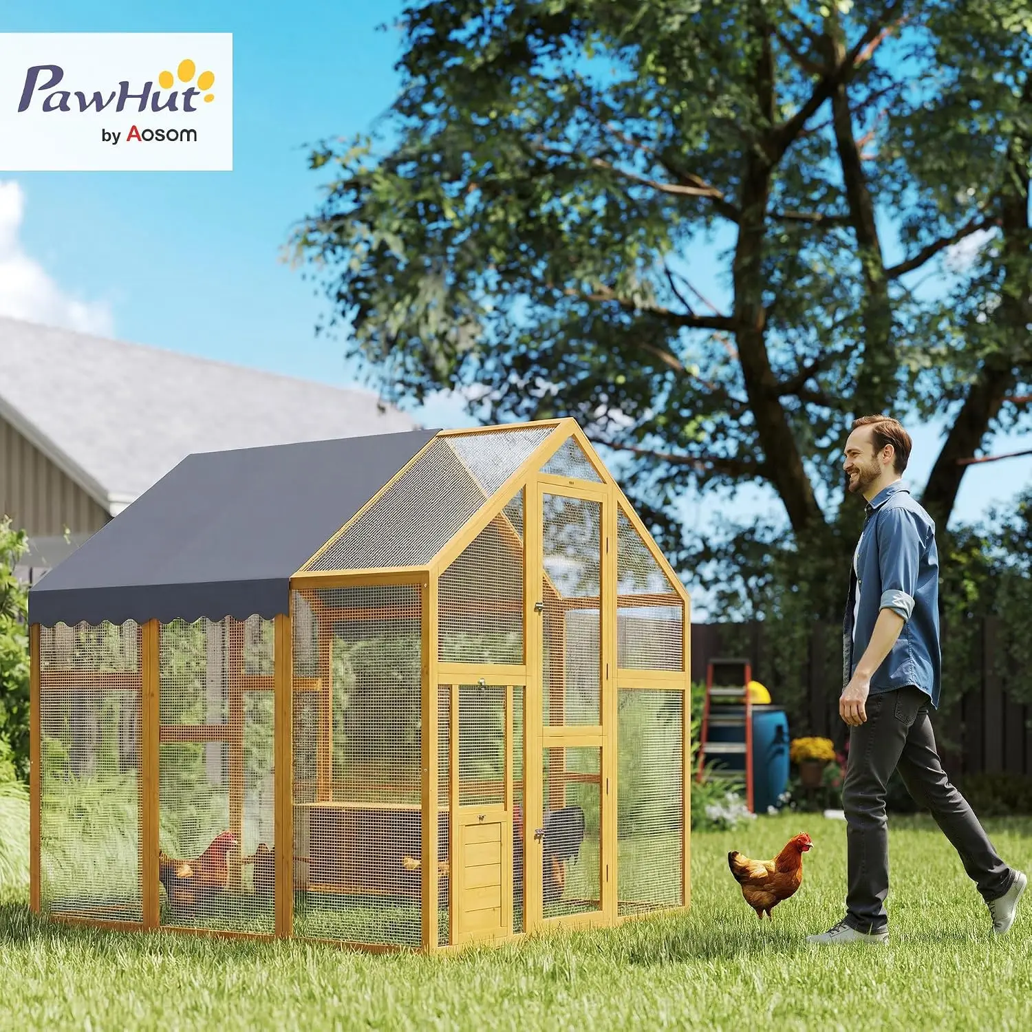 Walk-In Chicken Run, Waterproof Cover, Nesting Boxes and Perch, Outdoor Poultry Cage Rabbit Hutch for Backyard