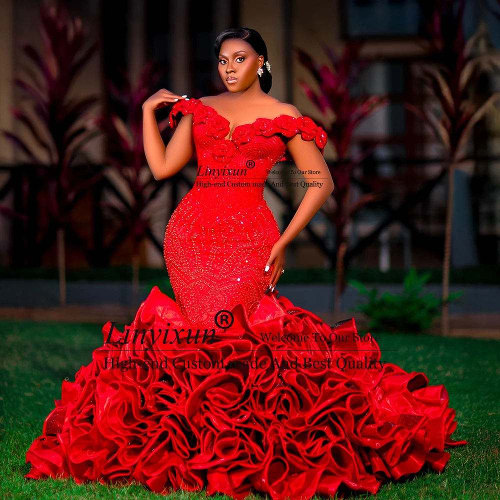 Luxury Floral Prom Dresses African Woman Off Shoulder Mermaid Evening Party Gowns Customized Plus Size 2025 Sleeveless Aso Ebi