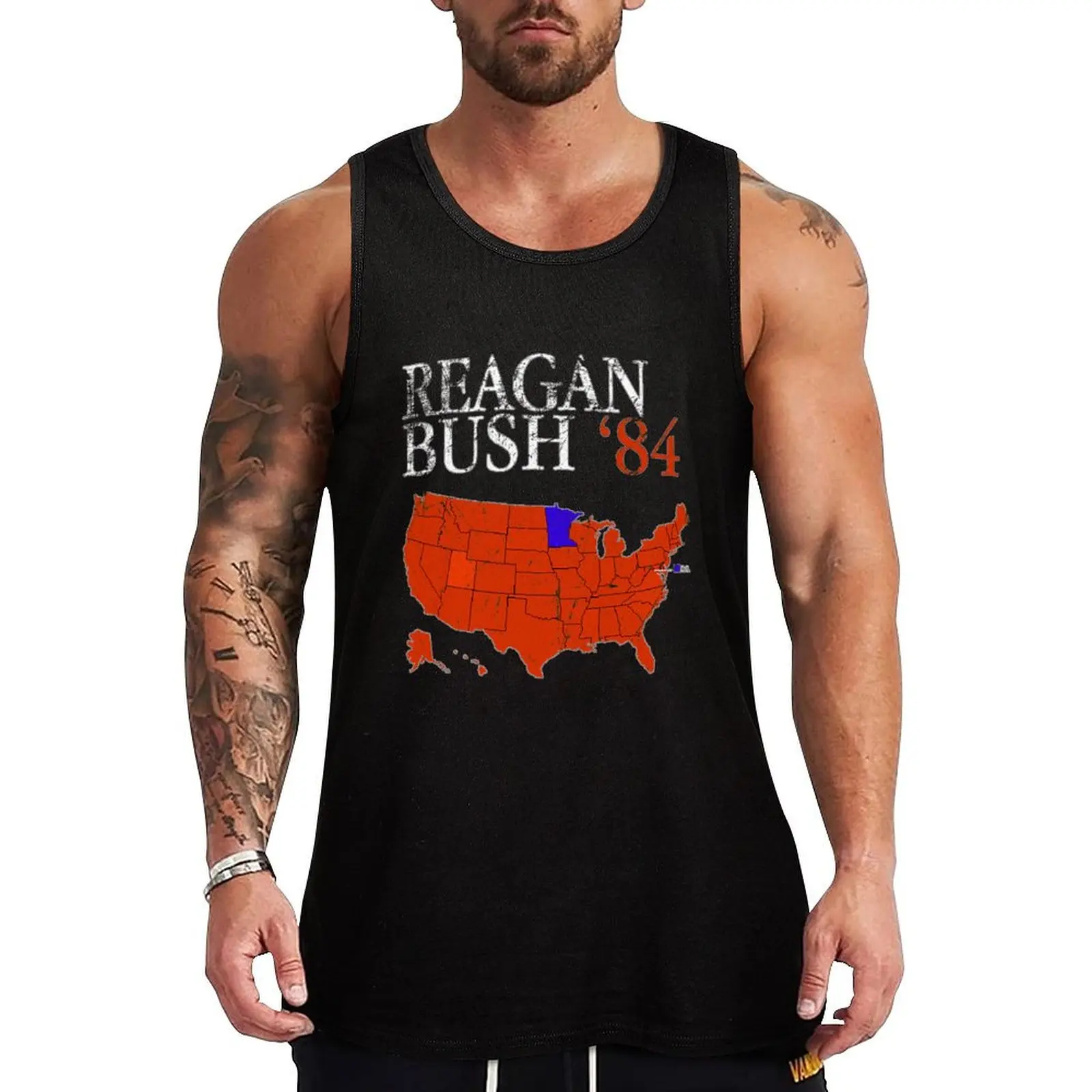 

Vintage Style Distressed Reagan Bush '84 Retro Logo Red White Blue Election Map Ronald George 1984 84 Red States Tank Top