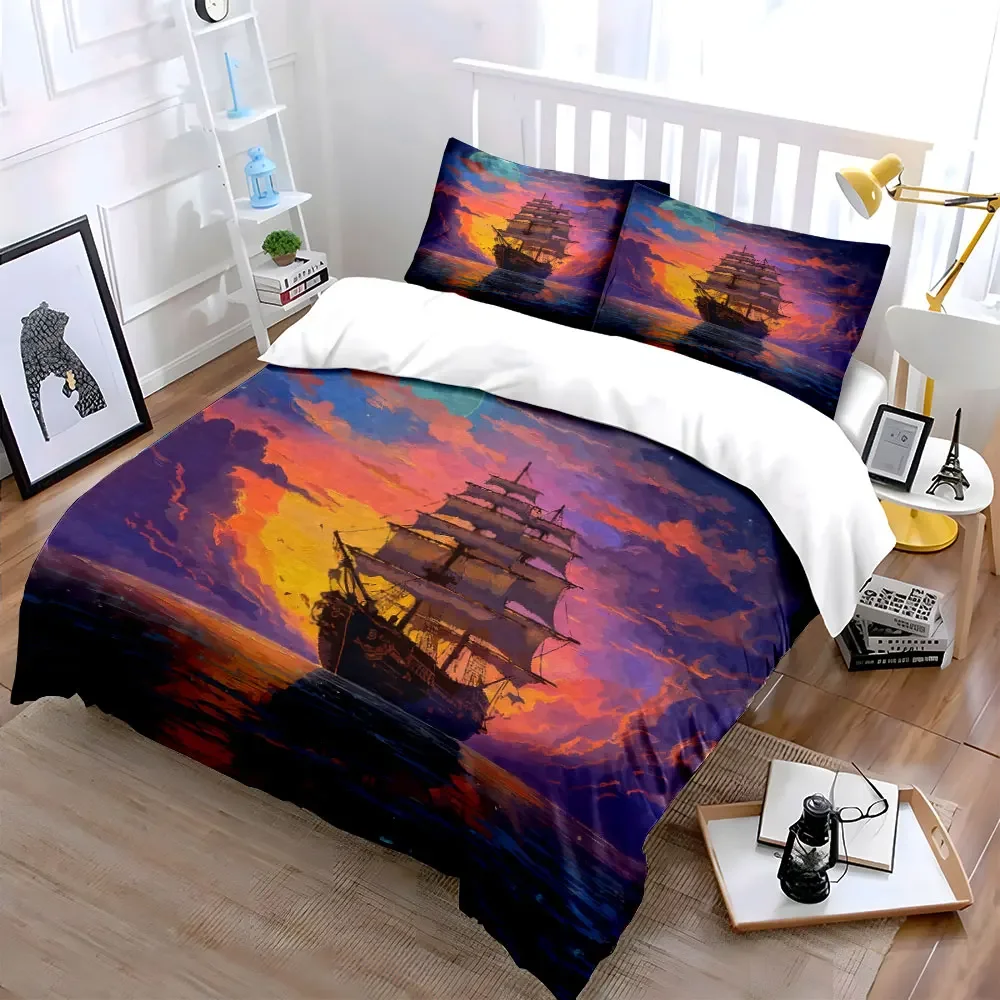 Sailing Ship Sunset Decorative Set Soft Comfortable Duvet Cover Bedding Set Included 1*Duvet Cover & 2*Pillowcases, gift