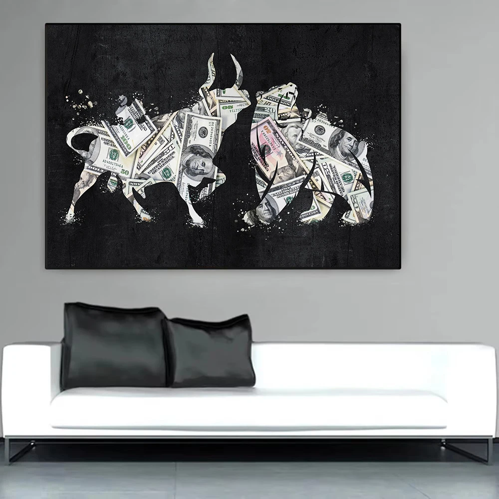 Graffiti Bear vs Bull Market Stock Trading Financial Entrepreneur Success Poster Canvas Painting Wall Art Pictures Home Decor