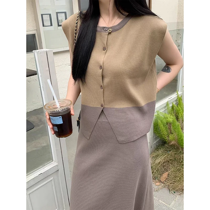 HELIAR Women Elegant Office Two Piece Sets Buttons Up Sleeveless Tops and Elastic High Waist Split Skirts Outfits Knitted Suit