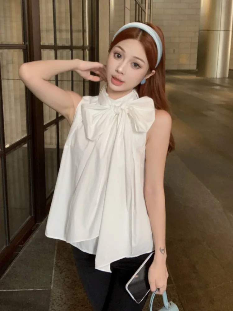 French Sleeveless Bow Tie Shirts & Blouses 2024 Summer Korean Sweet Gentle Blusas Fashion Casual Loose Shirt For Women Top