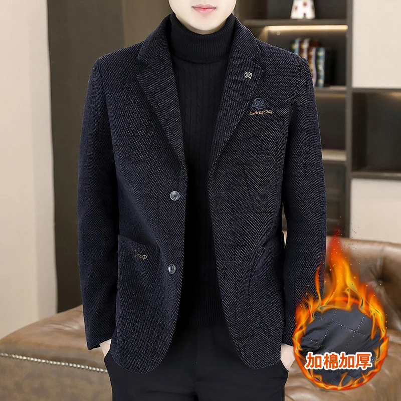 Winter Chenille Add Cotton Suit Jacket Men's Retro Embroidery Casual Business Blazers Thick Warm Coat Social Office Men Clothing
