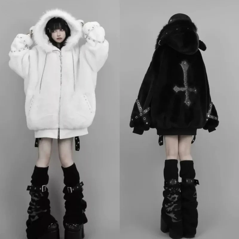 

Kawaii Vintage Gothic Lolita Coat Women Harajuku Y2k Bear Ears Hooded Loose Plush Jacket Ropa Mujer Girls Sweet Warm Outwear