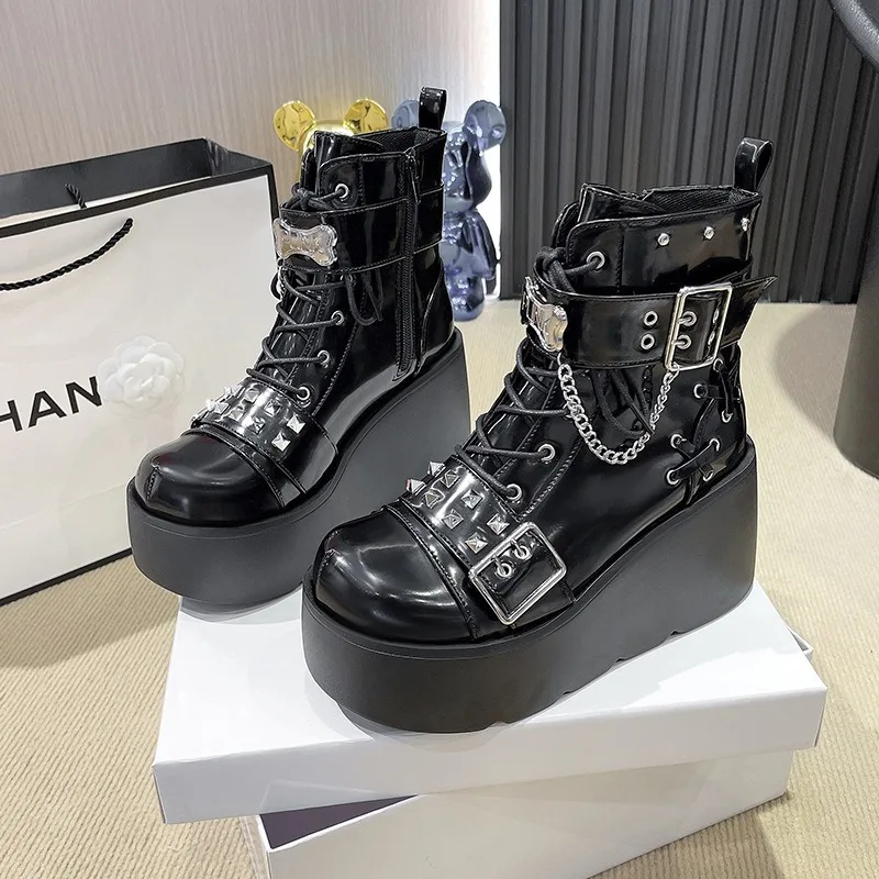 

Women's No Slip Soft Bottom Motorcycle Boots Women's Platform Knight Short Boots Lace-up Belt Buckle Fad Ankle Boots Botas Mujer