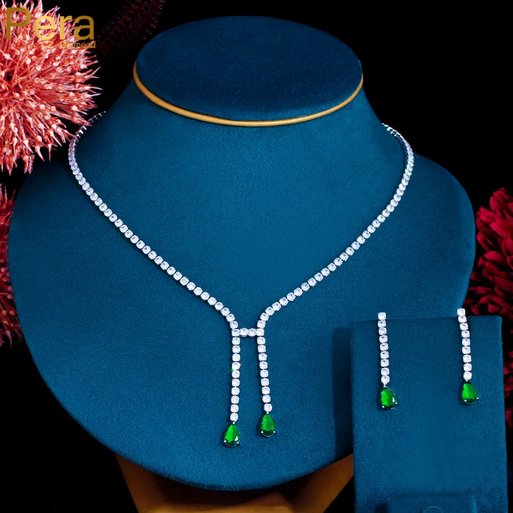 

Pera Fashion Long Tassel Drop Green White Cubic Zirconia Women Party Wedding Jewelry Sets Bridal Necklace and Earrings J422