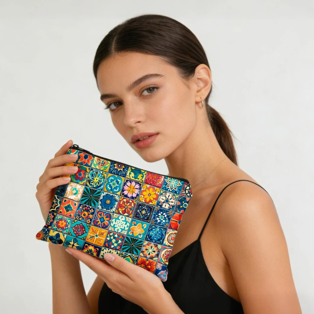 Colorful Tile Pattern Design Makeup Bags for Girls Cosmetic Pouch Toiletry Bag Pencil Case Travel Storage