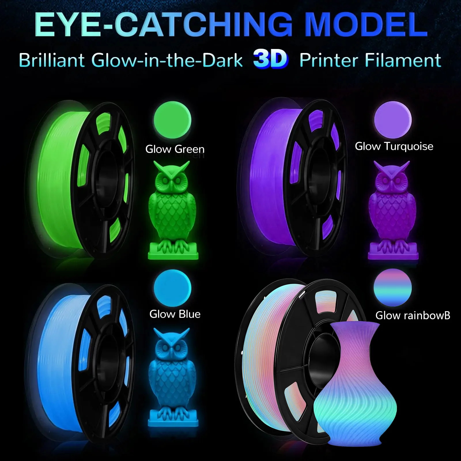 Glow in The Dark Filament Multicolor, Green, Blue, Purple and Rainbow, PLA Filament 1.75 mm, 3D Printer Filament Bundle