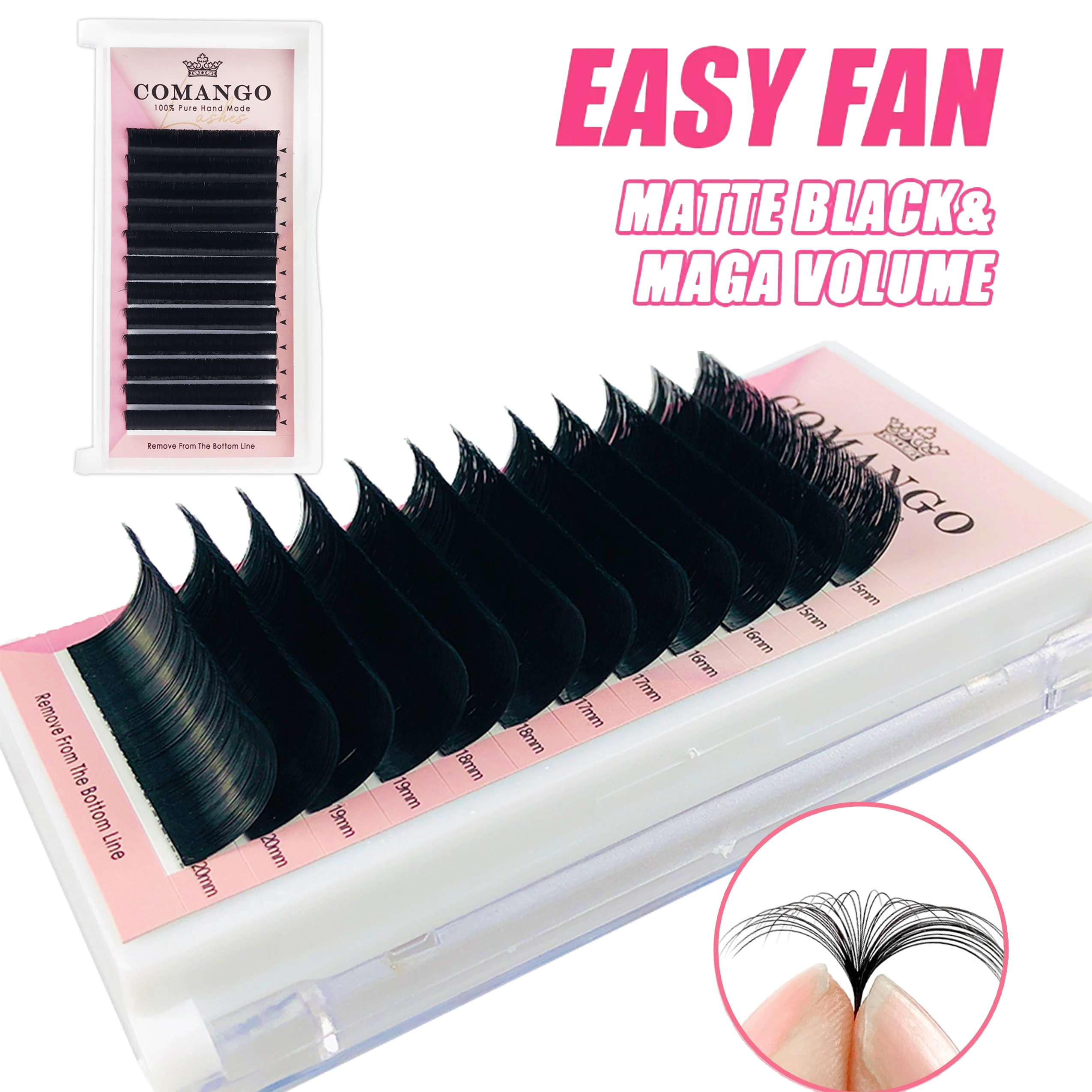 Comango Bloeiende Wimpers Gemakkelijk Fan Donkere Matzwarte Zachte Natuurlijke Lash Extensie Volume Russo Auto Fans