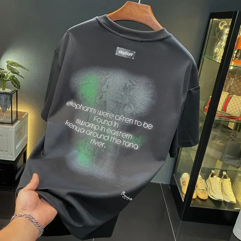2026 Summer New Unique Ink Painting Style Elephant Print T-Shirt For Men Loose Casual Round Neck Short Sleeve Artistic