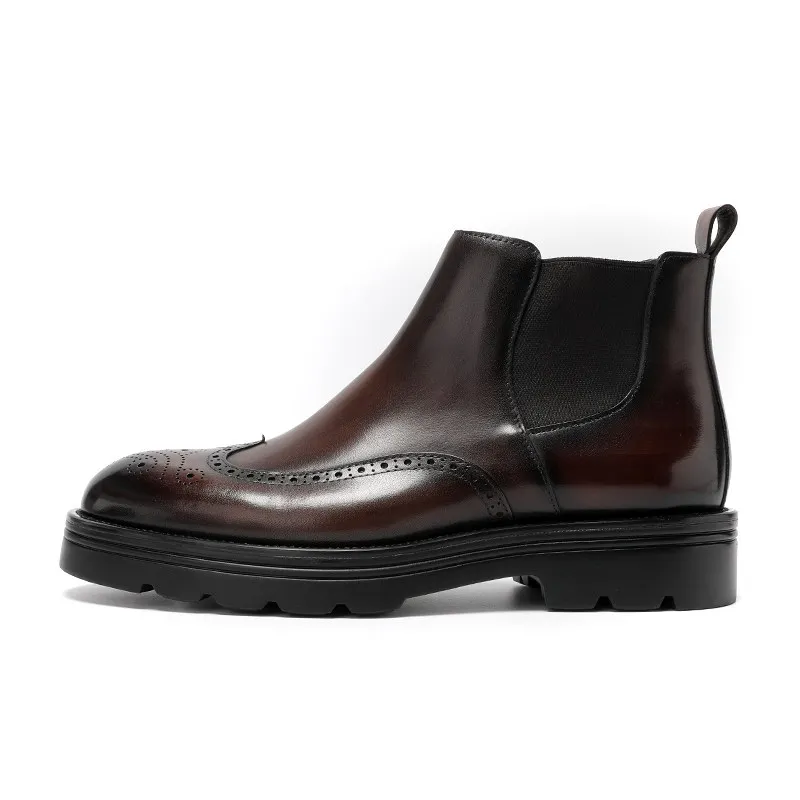 Men's Brogue Boots High Top Business Casual Genuine Full Grain Leather Thick Sole British Style Ankle Boots