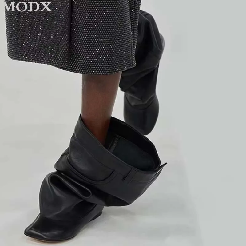 Height Increasing Long Boots Women Square Toe Wide Tube Flat Boots Black Leather Fashion Slim Knight Boots Slip-on Stacked Shoes