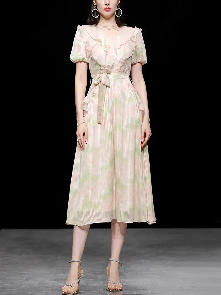 

Дизайнерское стильное платье миди Pinkoz с оборками и цветочным принтом, с коротким рукавом, новинка весны-лета, модные платья с поясом, платье на шнуровке