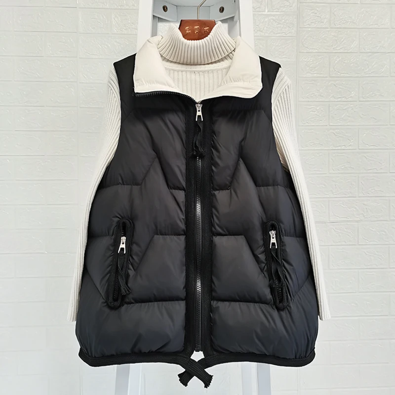 Imagem -05 - Cabolsa de Pato Branco Ultra Leve Feminino Colete Curto Solto Zíper Jaqueta Puffer sem Mangas Colete Outwear Outono Inverno