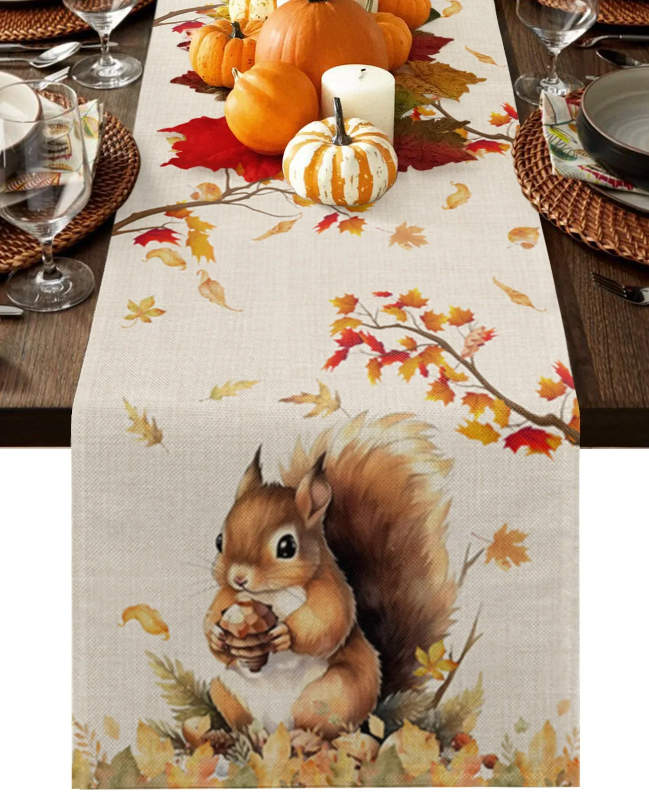 Fall Squirrel Maple Leaf Linen Table Runner Kitchen Table Decoration Farmhouse Reusable Dining Tablecloth Wedding Party Decor