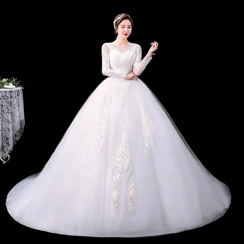 

It's Yiiya Wedding Dresses Cheap White O-neck Full Sleeves Appliques Princess Trailing Floor-length Plus size Bride Gowns XN050