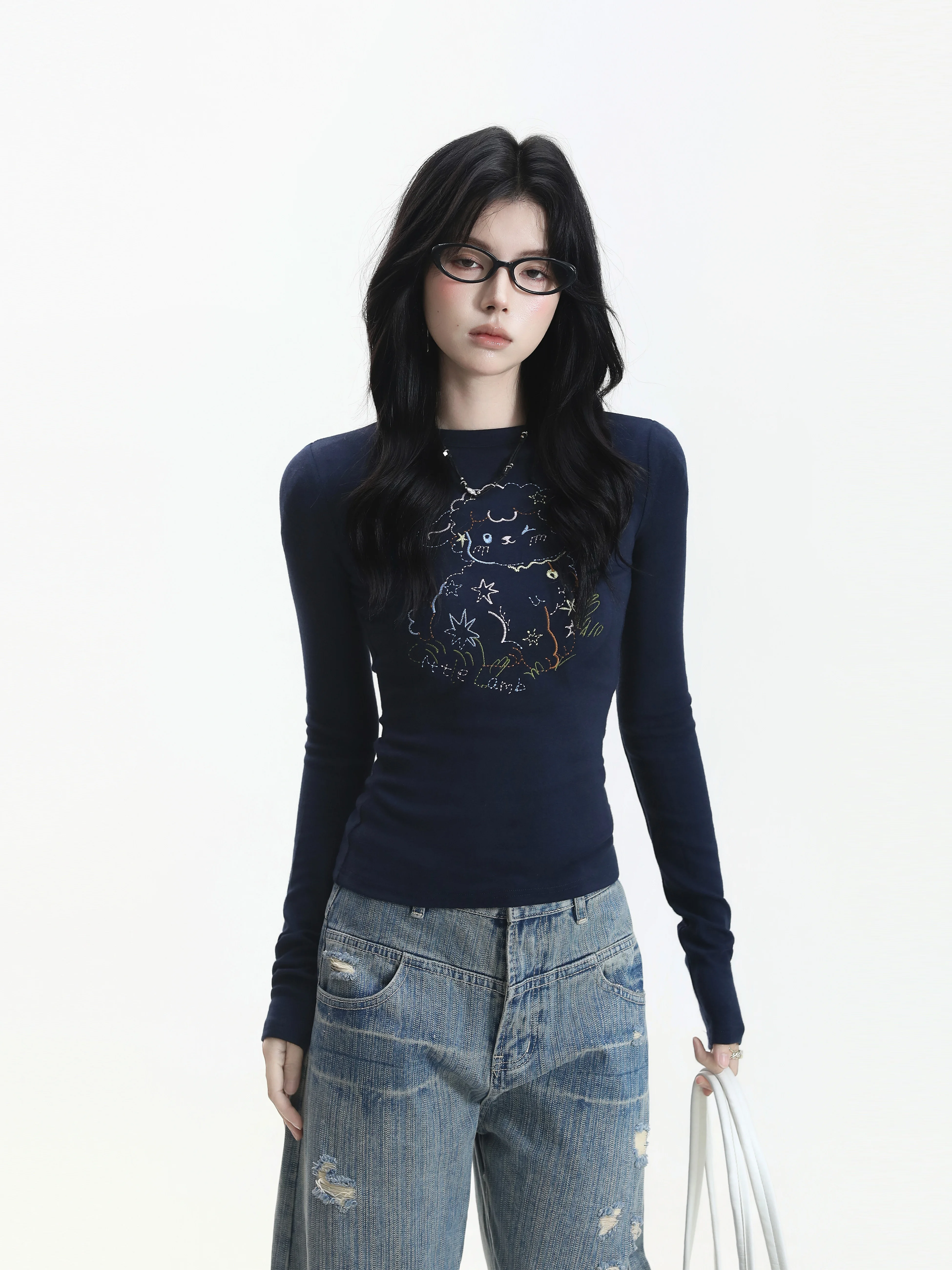 Laid-back Feel Embroidered Slim Fit Long Sleeve Line T-shirt Korean Style Sweet Color Block Sheep Design Casual Wear for Women