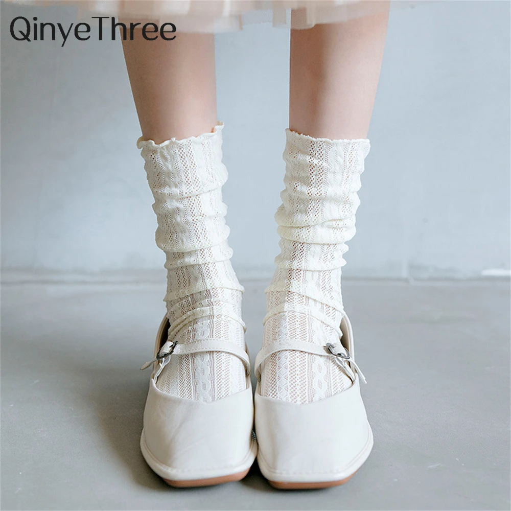 

Chic Fashion Women's Split Piled Roll Velvet Fishnet Socks Solid Breathable Hollow Out Stockings