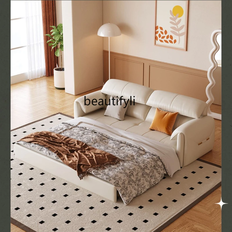 

Cream Style Sofa Bed Small Apartment Living Room Multi-Functional Telescopic Bed Double-Use Storage Faux Leather