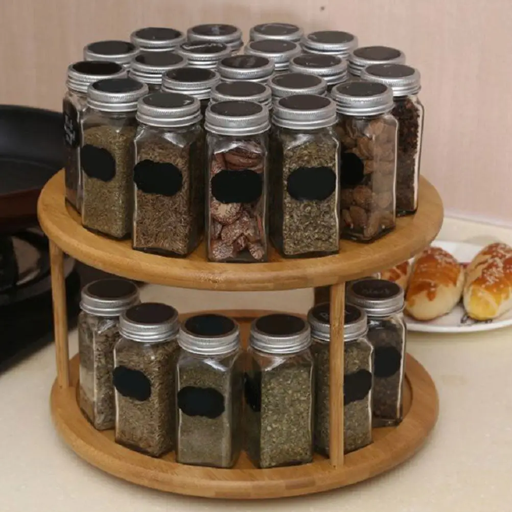 Premium Bamboo Desktop Storage Rack Double Tier Rotating Seasoning Shelf Kitchen Organizer Food Container Display Stand