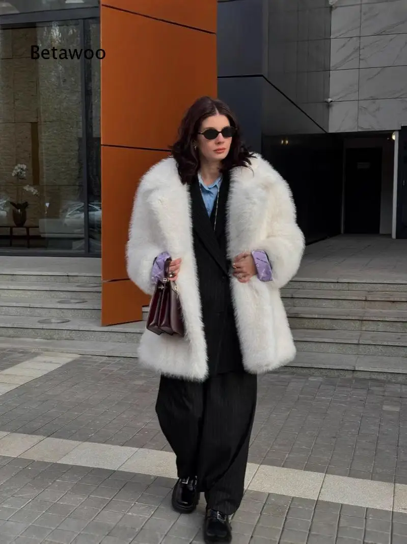 Women Lazy Style Mid Length Faux Fur Plush Coat Warm Soft Furry Outerwear For Winter Time For Party Dating Street Walking And Mu