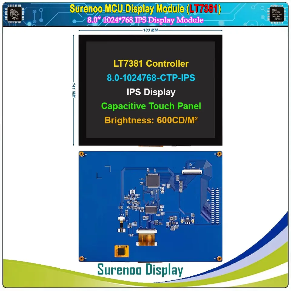 8.0" inch 1024*768 LT7381 MCU Parallel IPS TFT LCD Module Display Screen Monitor CTP Capacitive Touch Panel for Alientek STM32