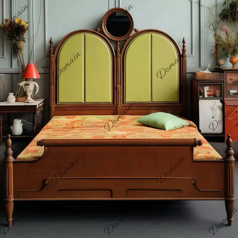 LA French retro solid wood bed 1.8 meters double master bedroom marriage bed medium ancient American soft bag bed Y