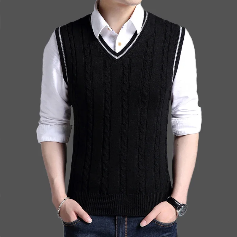 Black V Neck Waistcoat Solid Color Knit Vests for Men Korean Fashion Autumnr and Winter Sweater Man Open Cable Popular Clothes