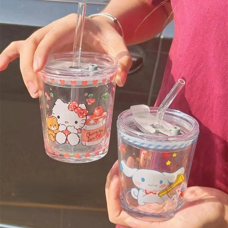 Sanrio Hello Kitty Kuromi Melody Cute Cartoon Kids Cup Little Girl Glass Milk Juice Home Children Baby Straw Cup Water Bottles