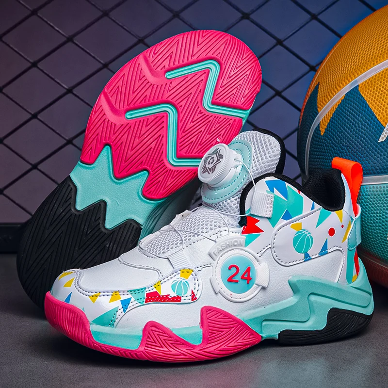 Fashion Colorful Kids Sneakers Boys Rotary Button Basketball Shoes Thick Sole Children Sports Shoes Non-slip Kids Trainers Shoes