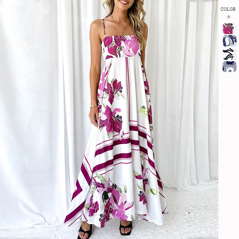 HMR-Sleeveless Bohemian Spaghetti Strap Floral Maxi Dress, Square Collar, Summer, Super Long, Casual, Independent Station, W