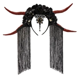 Halloween Headband Devil Horns Headwear Gothic Retro Antelope Hairband Retro Flowers Tassel Headpiece