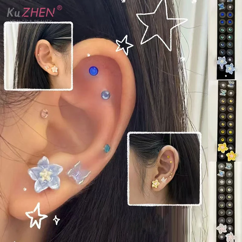 20 Patches Butterfly Flower Shape Crystal Ear Seed Acupuncture Auricular Disposable Ear Stickers Massage Therapy Needle Patch
