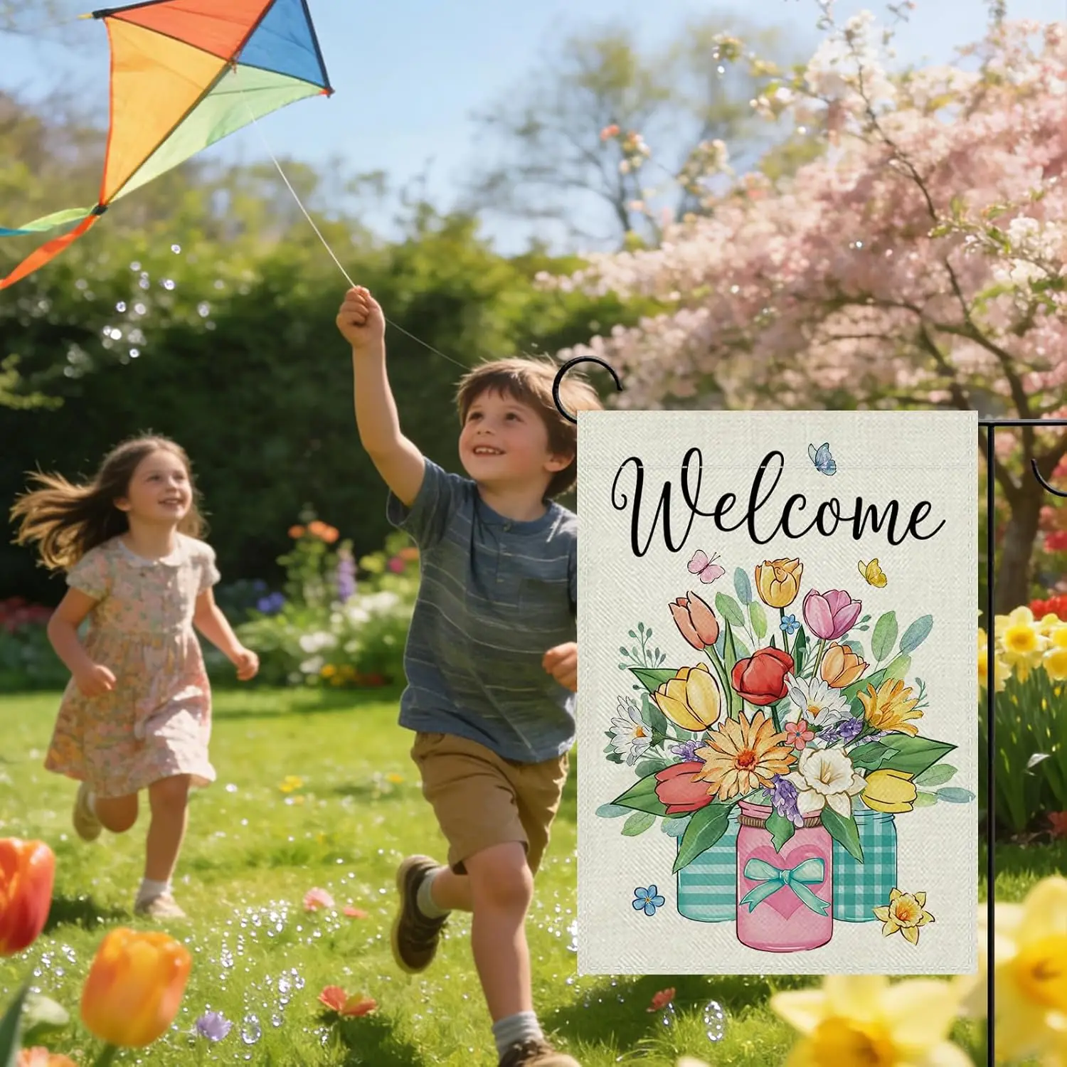 Terkki Welcome Spring Tulip Flower Decorative Garden Flag, Daisy Daffodil Flower Mason Jar Small Yard Outside Decorations, S IIC