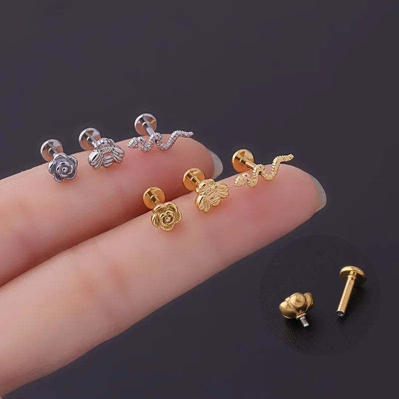 16Gx6mm Stainless Steel Flower Snake Stud Earrings Internal Thread Labret Lip Stud Flat Back Cartilage Earrings Piercing Jewelry