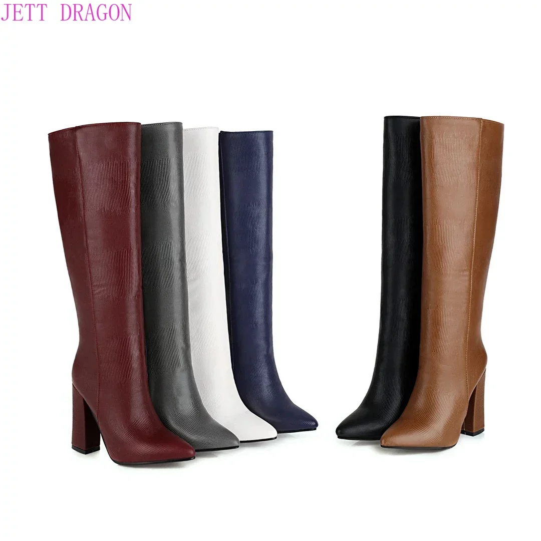 2024 Fashion Women Knee High Boots Women Zipper Long Boots Ladies Pointed Toe Square Heel Autumn Winter Boots White Brown Black